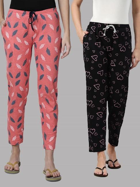 kryptic black & pink printed pure cotton elasticated waist band regular fit pyjamas - pack of 2