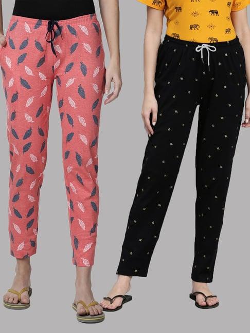 kryptic black & pink printed pure cotton elasticated waist band regular fit pyjamas - pack of 2