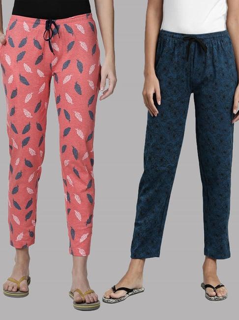 kryptic teal & pink printed pure cotton elasticated waist band regular fit pyjamas - pack of 2