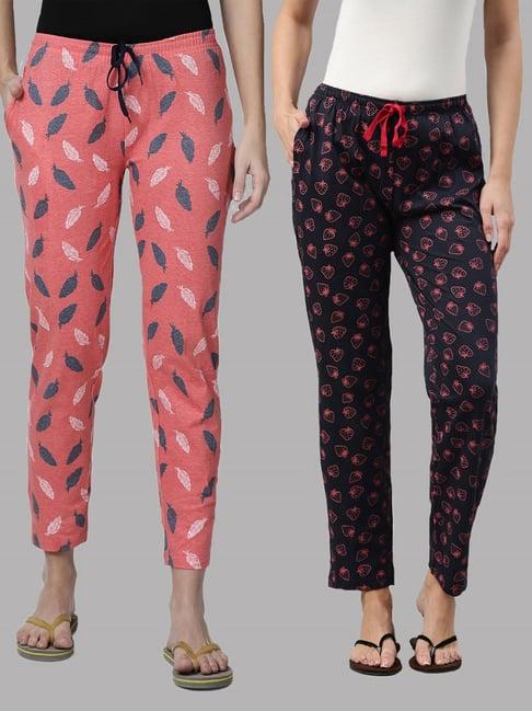 kryptic navy & pink printed pure cotton elasticated waist band regular fit pyjamas - pack of 2