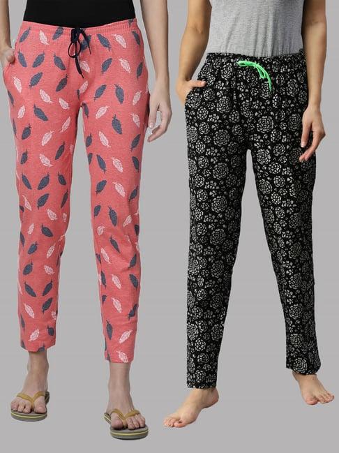 kryptic black & pink printed pure cotton elasticated waist band regular fit pyjamas - pack of 2