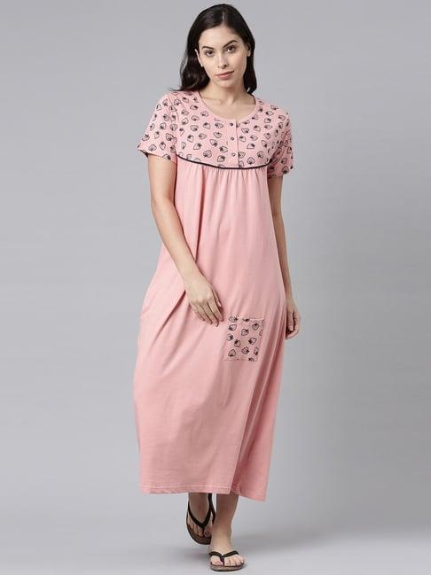 kryptic dusty pink printed pure cotton maxi night dress