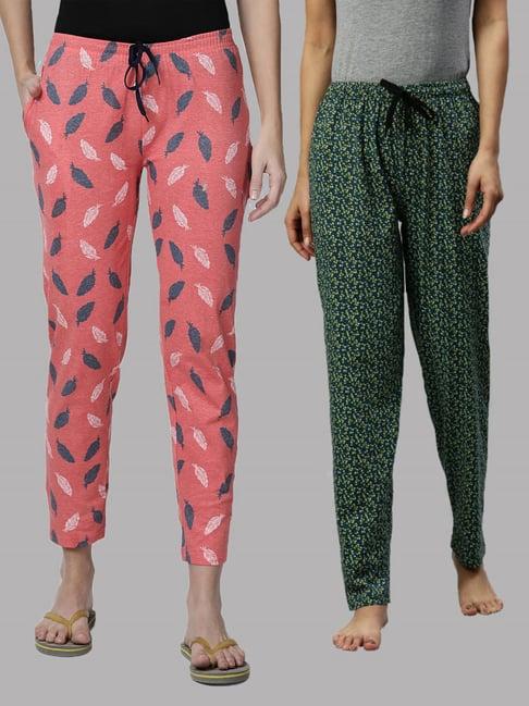 kryptic pink & green printed pure cotton elasticated waist band regular fit pyjamas - pack of 2