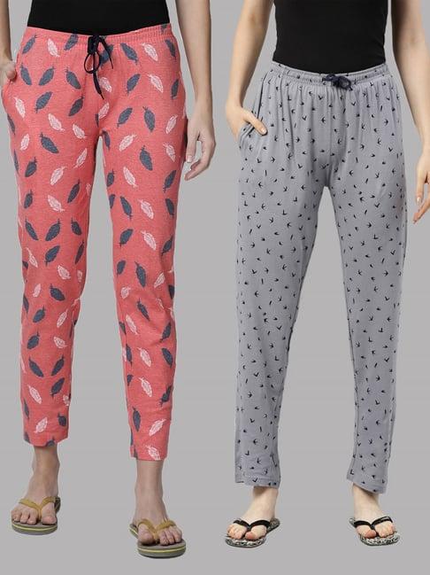 kryptic grey & pink printed pure cotton elasticated waist band regular fit pyjamas - pack of 2