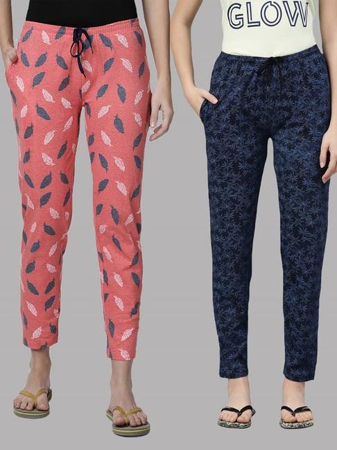 kryptic navy & pink printed pure cotton elasticated waist band regular fit pyjamas - pack of 2