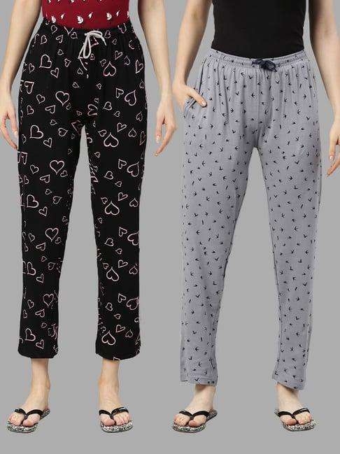 kryptic black & grey printed pure cotton elasticated waist band regular fit pyjamas - pack of 2