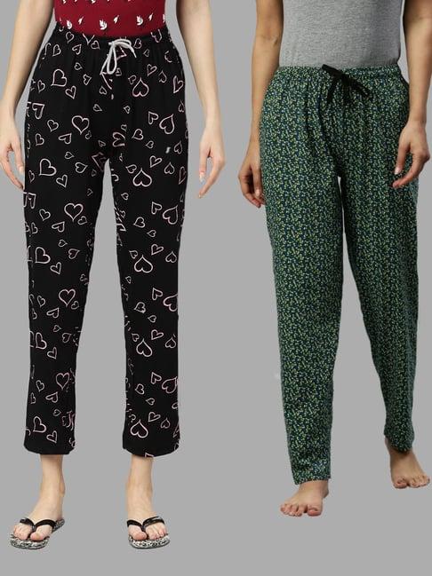 kryptic black & green printed pure cotton elasticated waist band regular fit pyjamas - pack of 2