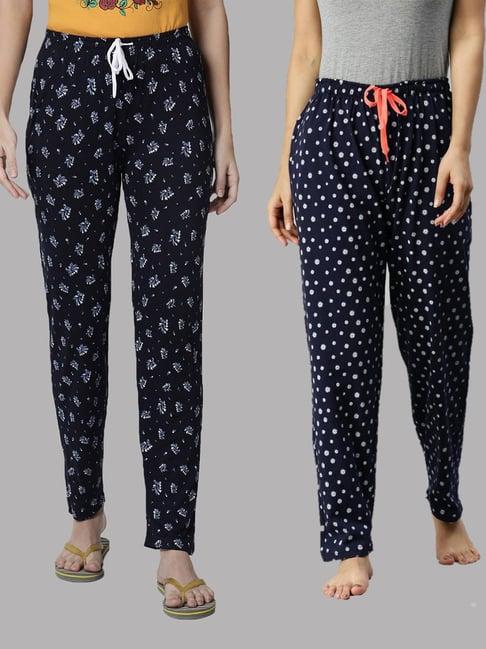 kryptic navy printed pure cotton elasticated waist band regular fit pyjamas - pack of 2