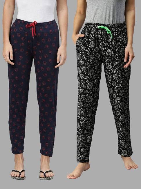 kryptic navy & black printed pure cotton elasticated waist band regular fit pyjamas - pack of 2