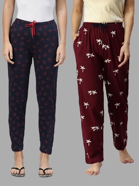 kryptic blue & maroon printed pure cotton elasticated waist band regular fit pyjamas - pack of 2