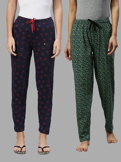 kryptic green & navy printed pure cotton elasticated waist band regular fit pyjamas - pack of 2