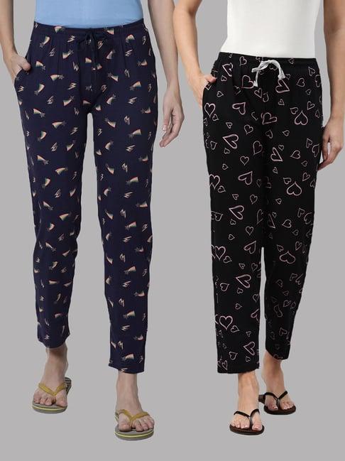 kryptic navy & black printed pure cotton elasticated waist band regular fit pyjamas - pack of 2