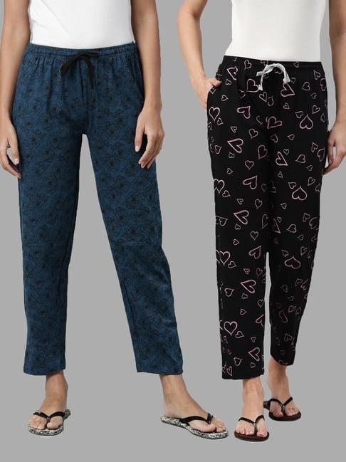 kryptic black & navy printed pure cotton elasticated waist band regular fit pyjamas - pack of 2