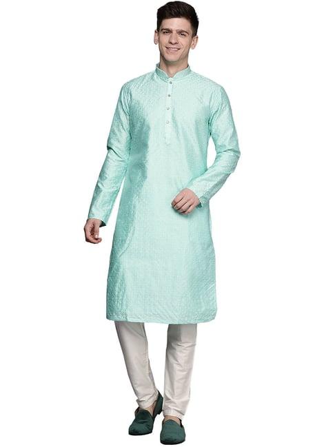 manyavar mint green regular fit embroidered kurta with pyjama set