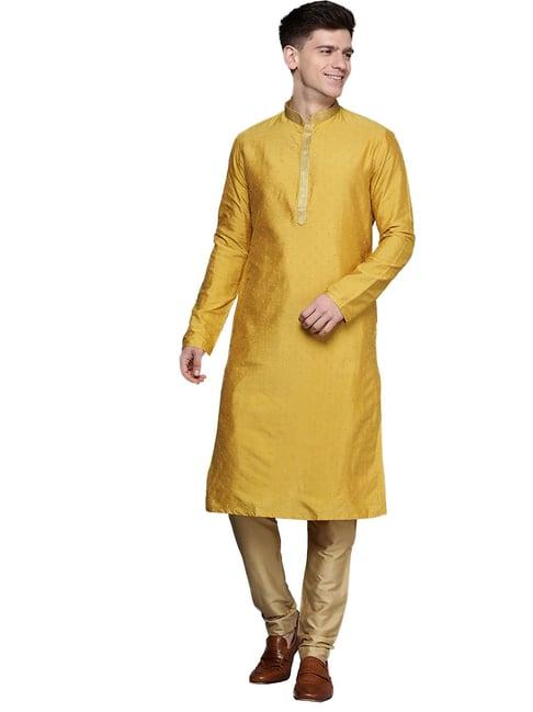 manyavar mustard regular fit printed kurta with churidar set