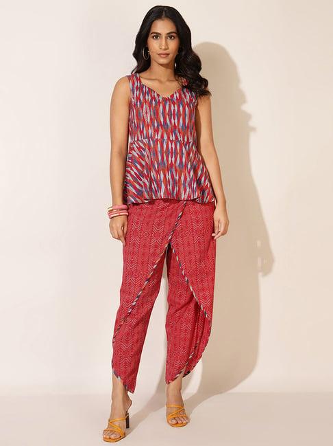 fabbasics by fabindia red cotton printed top dhoti pant set