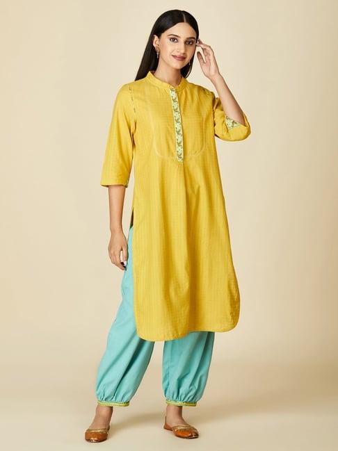 fabindia yellow & green cotton printed kurta pant set