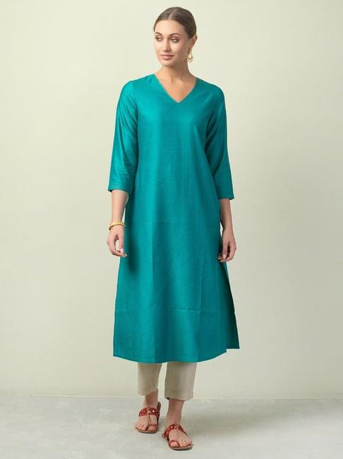 fabindia teal green straight kurta