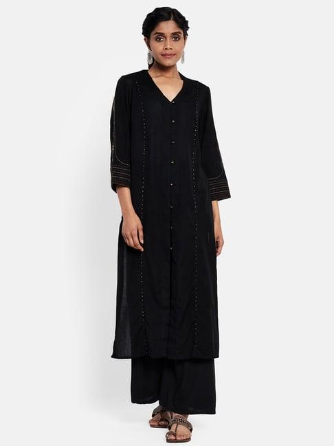 fabindia black cotton embroidered straight kurta