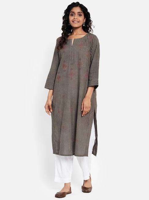 fabindia grey cotton embroidered straight kurta