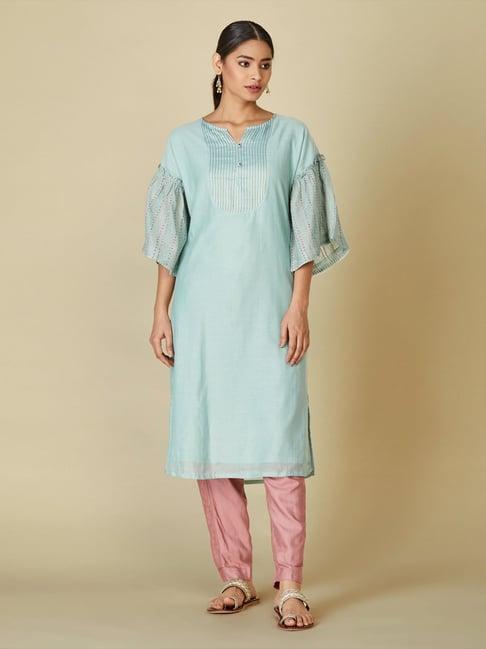 fabindia blue cotton striped straight kurta