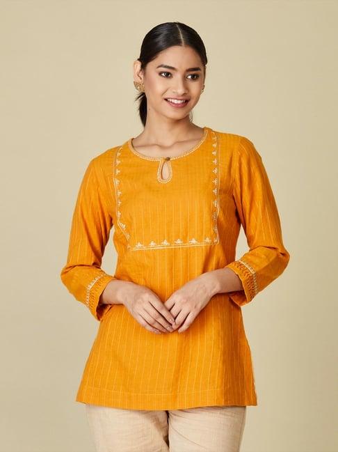 fabindia mustard cotton embroidered straight kurti