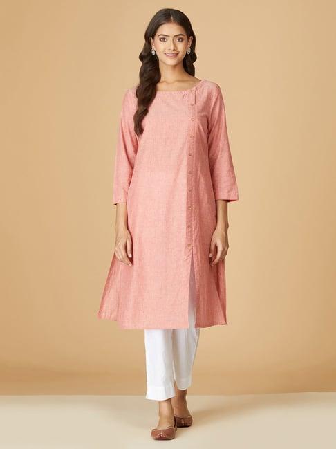 fabindia peach cotton striped straight kurta