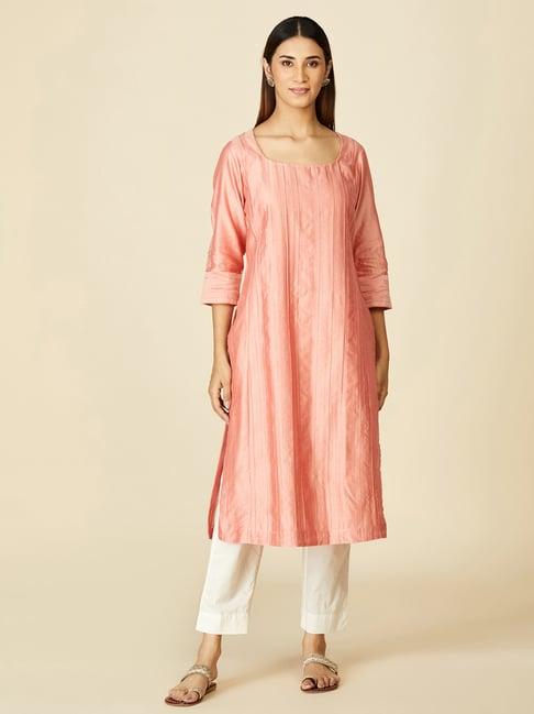 fabindia pink cotton embroidered straight kurta