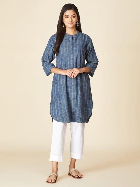 fabindia blue cotton textured straight kurti