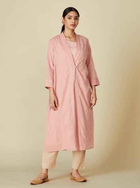 fabindia pink cotton embroidered straight kurta