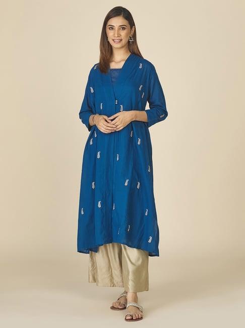 fabindia blue cotton embroidered straight kurta