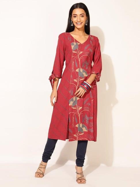 fabindia maroon cotton floral print a line kurta