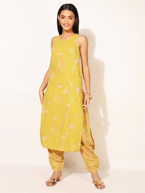 fabindia yellow cotton floral print straight kurta