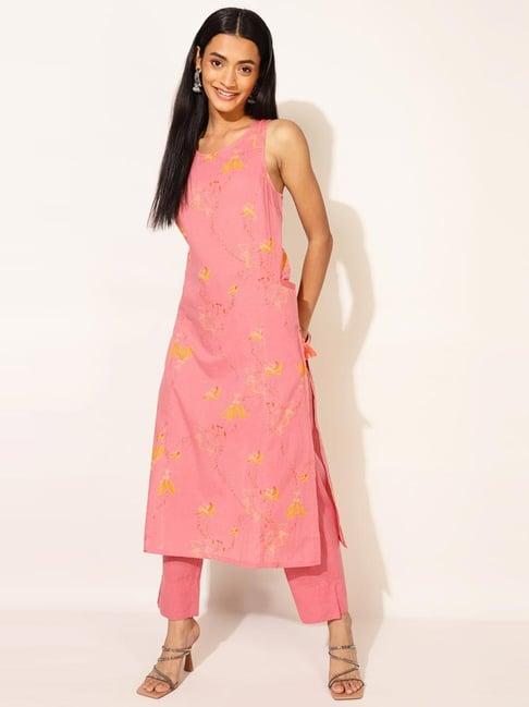 fabindia pink cotton floral print straight kurta