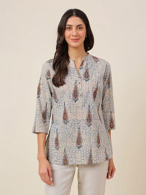 fabindia blue cotton printed straight kurti