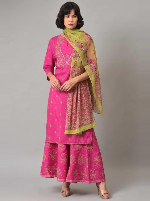 w women pink festive floral print shantung kurta with cullote & dupatta