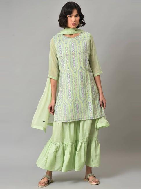 wishful by w green printed kurti sharara set with dupatta