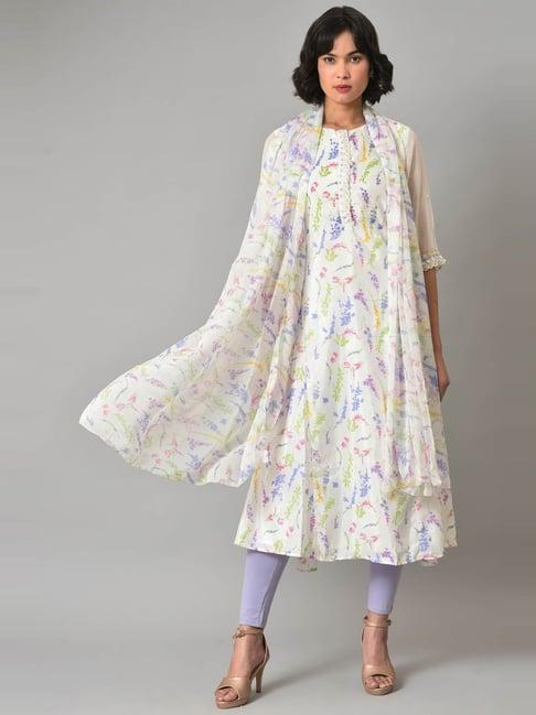 wishful by w off-white & purple floral print kurta pant set with dupatta