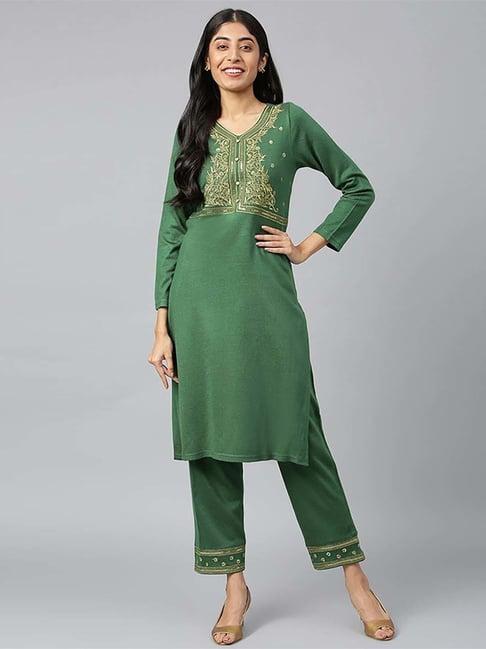 aurelia green embroidered kurta pant set