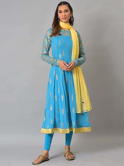 aurelia blue printed kurta pant set with dupatta