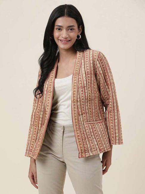 fabindia beige & pink cotton printed jacket