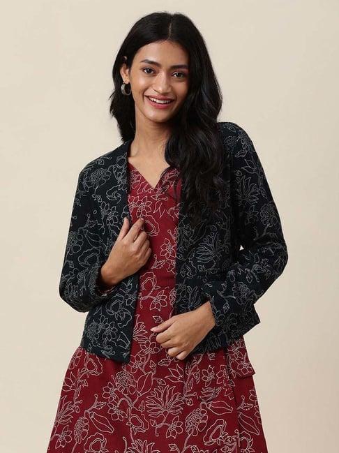 fabindia black cotton floral print jacket