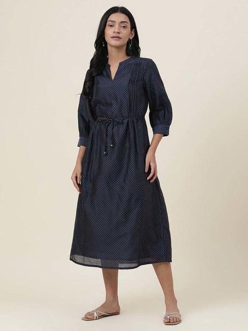 fabindia blue cotton polka dots a-line dress