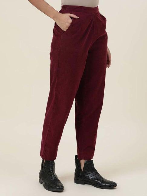 fabindia maroon cotton mid rise pants