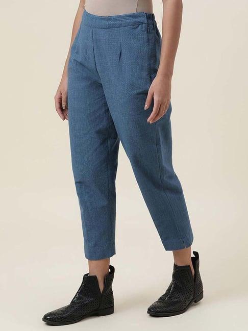 fabindia blue cotton mid rise pants