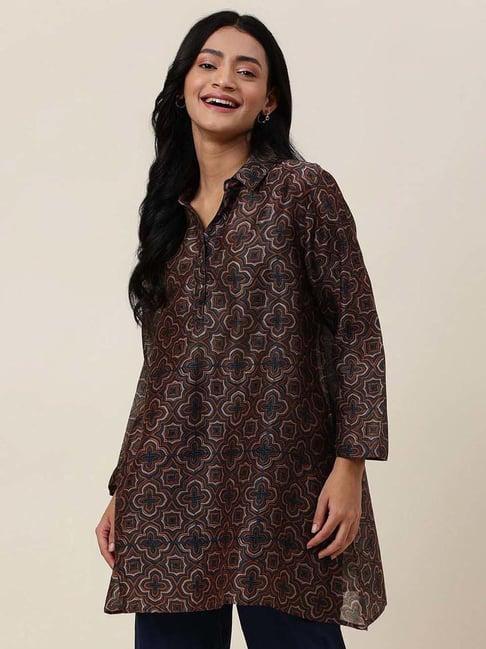 fabindia brown & blue cotton printed tunic