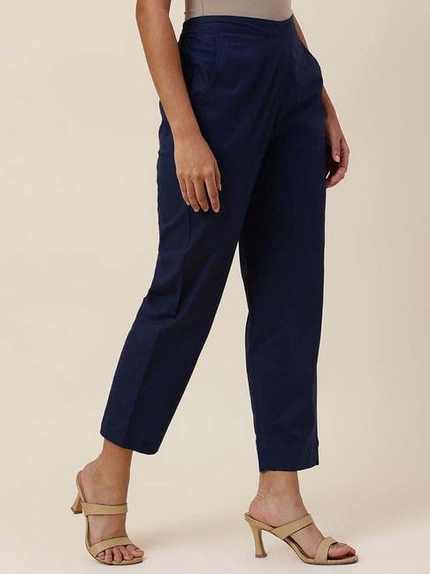 fabindia navy cotton mid rise pants