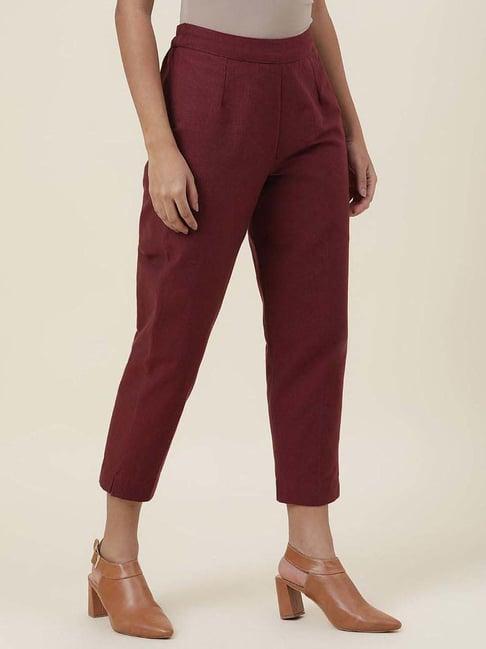 fabindia maroon cotton mid rise pants