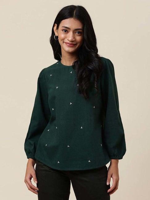 fabindia green cotton embroidered top