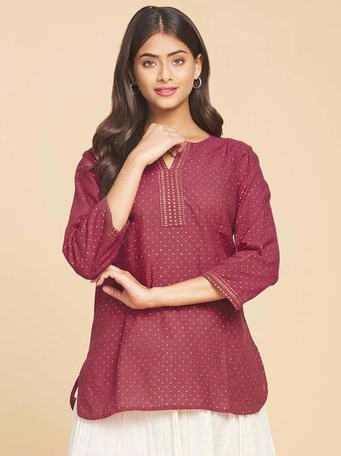 fabindia maroon cotton polka dots straight kurti